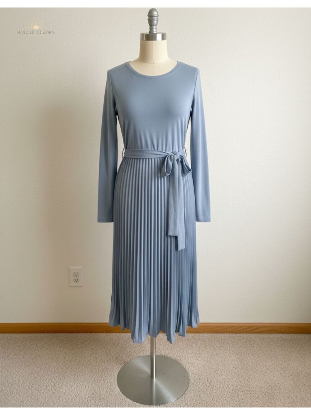 Women's Long Sleeve Pleated Midi Sweater Dress Knit Chiffon A-Line Crew Neck